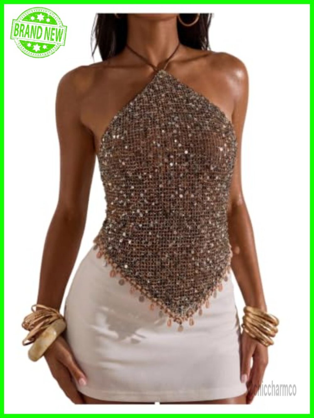 Sequin Crochet Fringe Tie Backless Halter Top Asymmetrical Cropped
